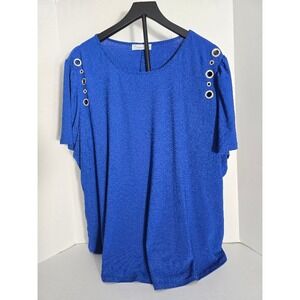 89th + Madison Blue Textured Short Sleeve‎ Top with Grommet Detail Women's 3X